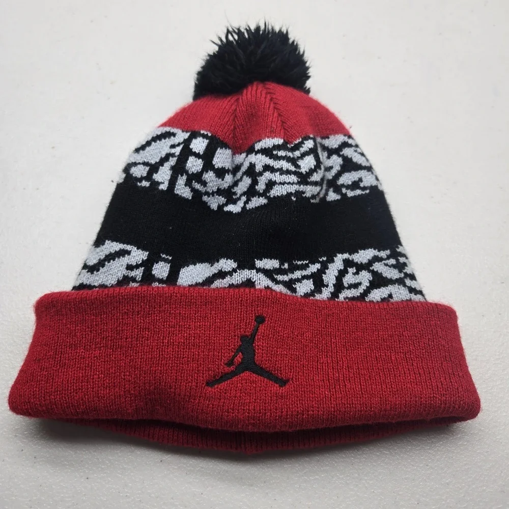 Jordan Boys Beanie YOUTH Red Pom Logo Jumpman Foldover Knit